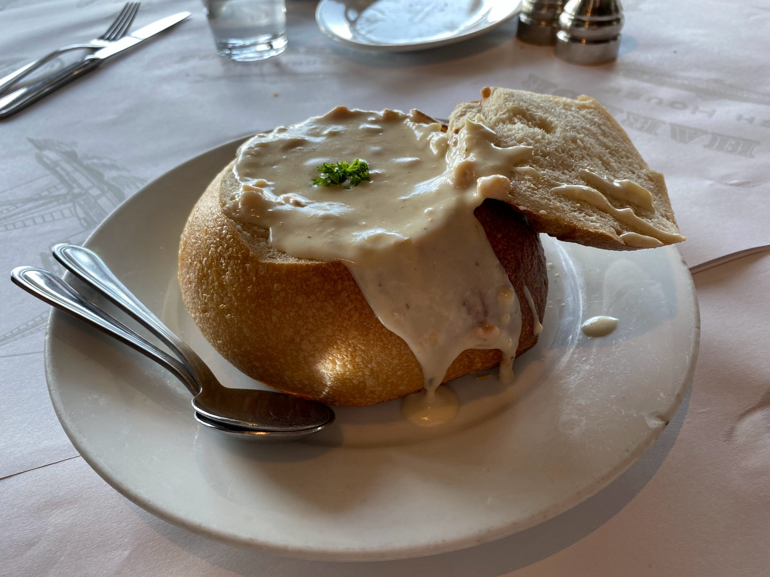 clam chowder in bread bowl