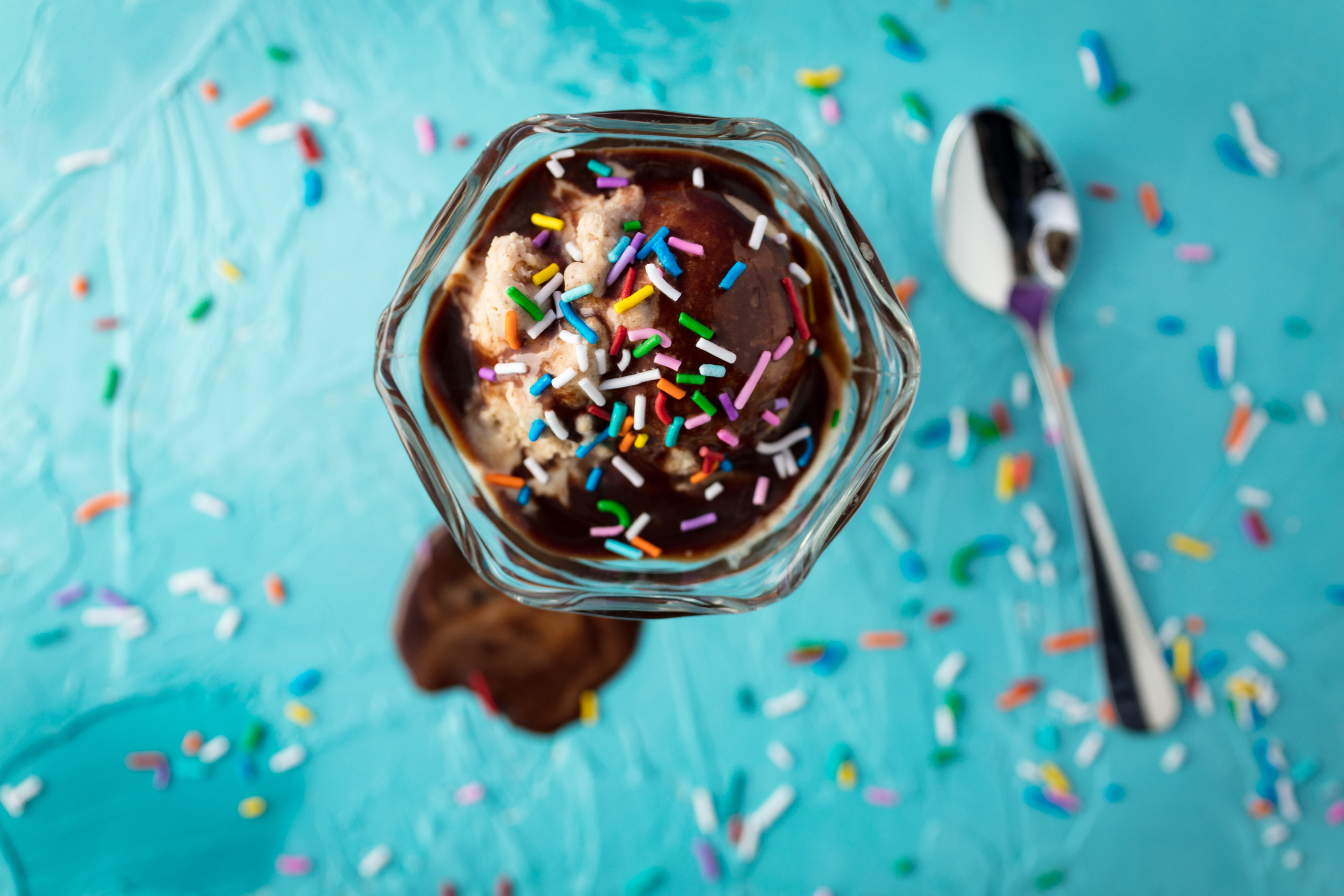 chocolate sundae on blue background